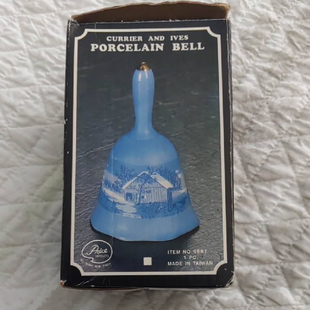 Vintage Currier And Ives Blue Porcelain Bell